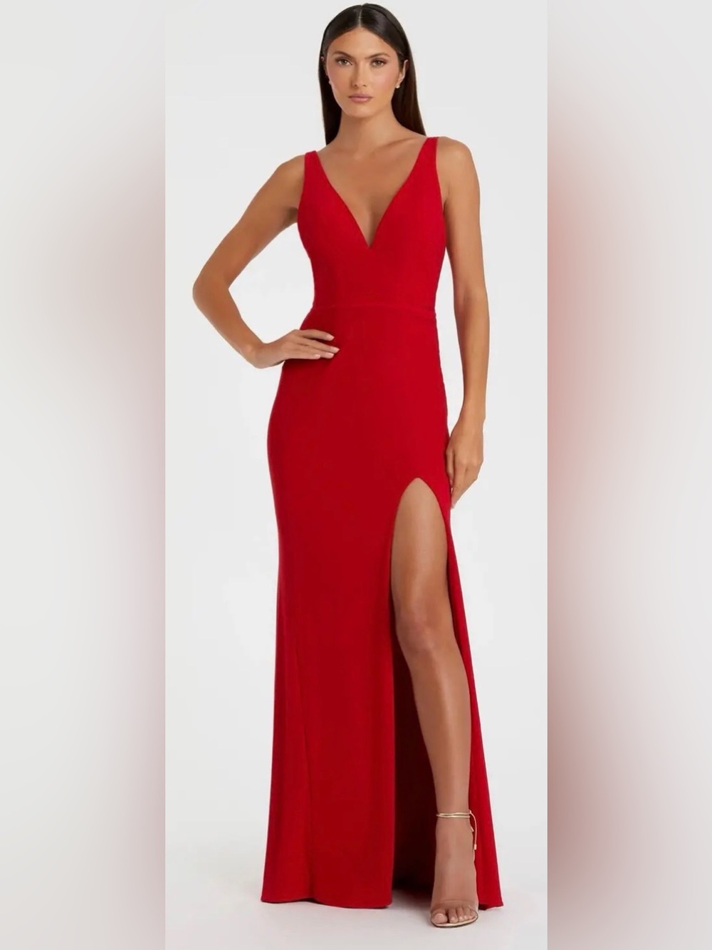 Mac Duggal Elegant Red Plunge V-Neck Slit Gown
